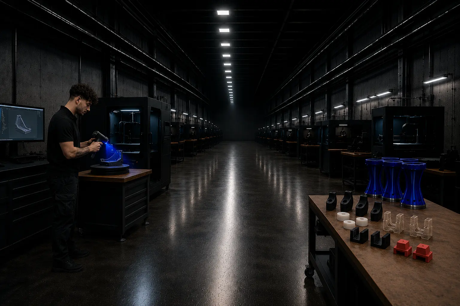 Industriehalle mit 3D-Druck und digitaler Bauteilprüfung